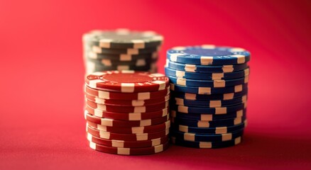 stacked up poker chips on surface of red background