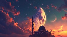Islamic Moon In Sunset With Beautiful Clouds With A Mosque Under It