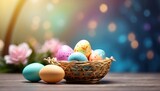Fototapeta Zachód słońca - Easter egg basket decoration with soft focus light and bokeh background