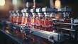 Beverage factory interior with juice bottles on conveyor belt, modern equipment