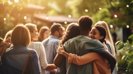 Diverse volunteers embracing in unity – rear view of men and women coming together at community event, embodying the spirit of volunteerism

