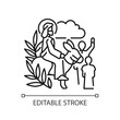 Triumphal entry into Jerusalem linear icon. Palm Sunday. Start of holy week. Jesus Christ riding donkey. Thin line illustration. Contour symbol. Vector outline drawing. Editable stroke