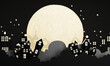 Dark Halloween background with spooky house, tree, cute ghost,  pumpkin, bat at night. Happy Halloween banner. with night sky and full moon. 3d rendering cartoon style on black background