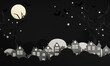 Dark Halloween background with spooky house, tree, cute ghost,  pumpkin, bat at night. Happy Halloween banner. with night sky and full moon. 3d rendering cartoon style on black background