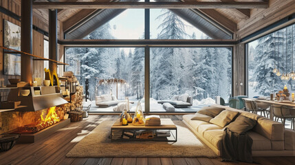 cozy warm home interior of a chic country chalet with a huge panoramic . Ai Generative