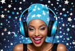 Image of a woman wearing a blue beanie with white stars and headphones on a starry background.