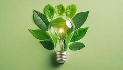 Wall Mural - green eco friendly lightbulb from fresh leaves top view. energy saving, ecology and environment sust