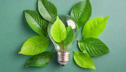Wall Mural - green eco friendly lightbulb from fresh leaves top view. energy saving, ecology and environment sust