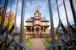 victorian home with turret viewed through wrought iron gate