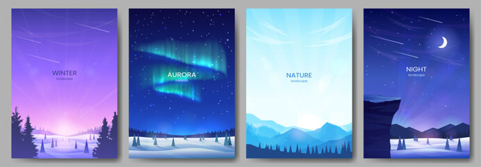 Wall Mural - collection of mountain landscapes. hills and valleys in snowdrifts, aurora borealis, moon and starry