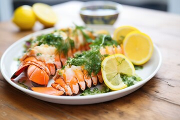 Poster - closeup of a lobster tail plated with lemon and herbs