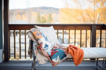 Poster - cozy blankets on log cabin balcony bench