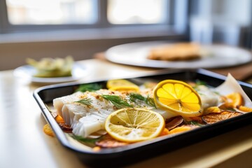 Wall Mural - close-up of baked cod with crispy edges and lemon