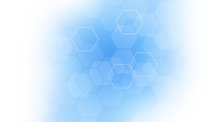Poster - Layered white and transparent hexagons on white and light blue background. Technology, connection and data concept. High resolution full frame abstract and modern background with copy space.