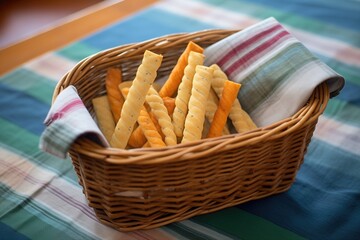 Sticker - assorted breadsticks in a basket with a checkered napkin