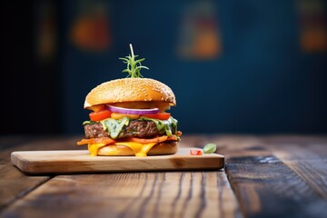 Sticker - cheeseburger with melting cheese on a rustic wooden board