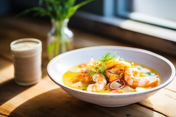 Sticker - corn chowder with shrimp and thyme twig