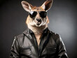 Funny kangaroo wearing leather jacket and sunglasses on dark background.