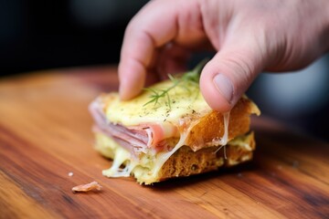 Poster - hand holding half-eaten croque monsieur, melted cheese visible