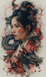 illustration of a Chinese woman with a dragon on her back, in a style of realistic use of light and color, light pink and dark gray, meticulous design, dark teal and amber, chinese new year
