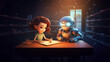 The robot helps the girl to do her homework. In cartoon style. AI generated