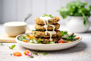 Wall Mural - stacked falafel patties with a tahini sauce bowl