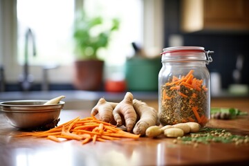 an array of spices next to a fermenting jar of carrots and ginger