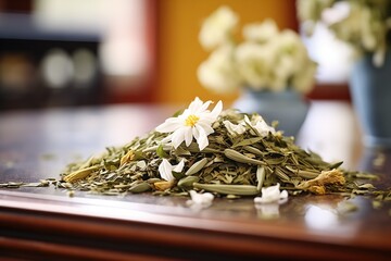 Wall Mural - dried green tea leaf pile with a white floral accent