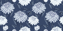 Artistic Dahlia Flowers With Leaves Seamless Pattern. Vector Hand Drawn. Beautiful Grey Floral Print. Template For Design, Textile, Fashion, Surface Design, Fabric, Interior Decor, Wallpaper