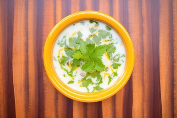 Wall Mural - top view of soup garnished with cream swirl and coriander leaves