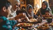 Joyful Muslim Family Sharing Traditional Meal at Home.