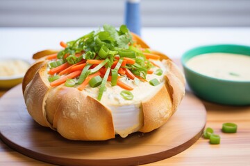 Sticker - queso dip in a bread bowl with the lid on the side