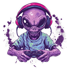 Canvas Print - t-shirt illustration design, image of an alien playing with a cellphone, transparent background. Ai generated images