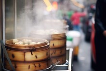 Steaming Dim Sum In Bamboo Steamers In Chinese Truck