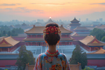 Wall Mural - Woman looking at the Forbidden City Imperial Palace in Beijing China, high angle aerial view