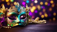 Mardi Gras Mask, Carnival Mask Decoration With Soft Focus Light And Bokeh Background