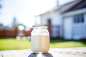 Poster - buttermilk in clear jar, dairy farm background, sunny day