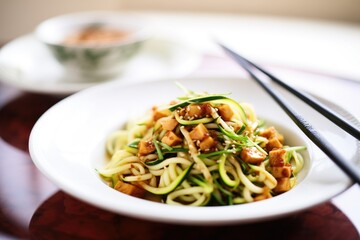 Wall Mural - zoodles with diced tofu and soy sauce in a dish