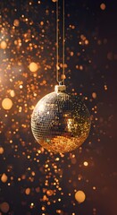 Wall Mural - golden disco ball on dark bokeh background. holiday concept. vertical format.