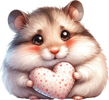 Cute Chubby Hamster Cuddling A Tiny Heart-shaped Pillow Watercolor Illustration. Generative AI
