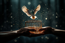 A Pair Of Hands Releasing A Caged Bird, Symbolizing Liberation From Inner Struggles