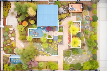 Poster - top view of an asymmetrical garden layout with pathways and plants