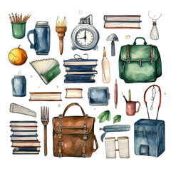 Clipart Bundle Watercolor School theme element Object and Equipment
