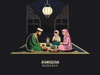 Wall Mural - Ramadan Mubarak Celebration Concept with Muslim Family Enjoying Delicious Food, Illuminated Arabic Lamp At Night Time.