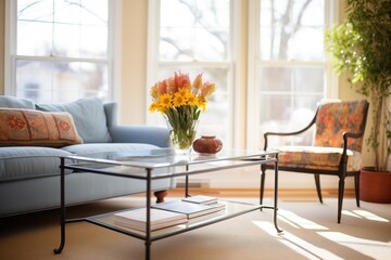 Wall Mural - glass coffee table with a metal frame in a sunny nook