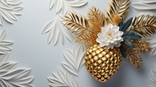Golden Pineapple With 3D Flowers Highlighted In The Background, White Flower, Wedding Banner, Copy Space, Gold Leaves