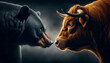 Stock market rivals bear and the bull in an intimidating staring contest. Opposing forces of the market. buyers and the sellers, long and short positions, fear and greed