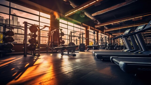 Fitness background gym.Abstract blur fitness gym room interior for background
