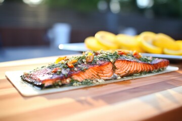 Canvas Print - cedar plank salmon with a smoky flavor on grill