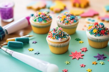 Wall Mural - decorating cupcakes with colorful icing and sprinkles